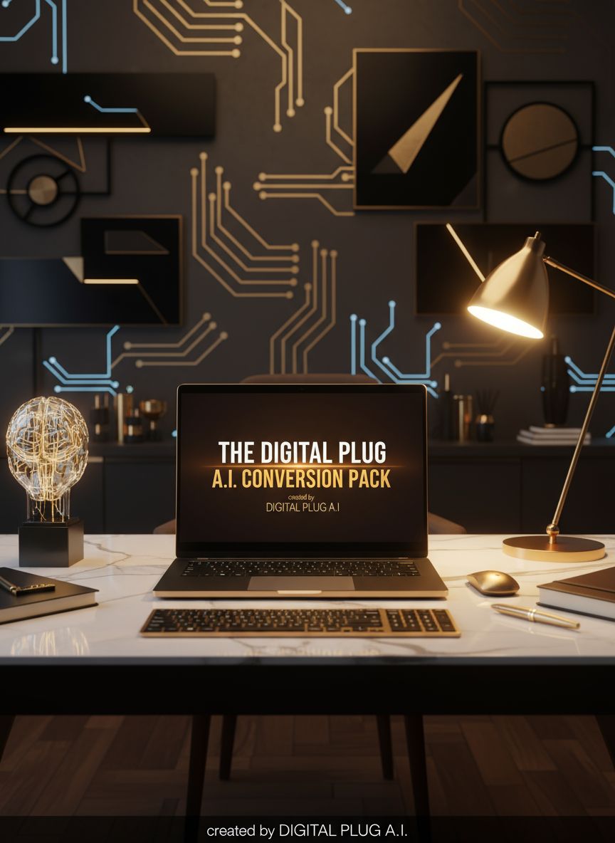 The Digital Plug A.I. Conversion Pack displayed on a sleek modern workspace with glowing circuits and a luxury black-and-gold aesthetic, representing the A.I. Starter Kit business system.