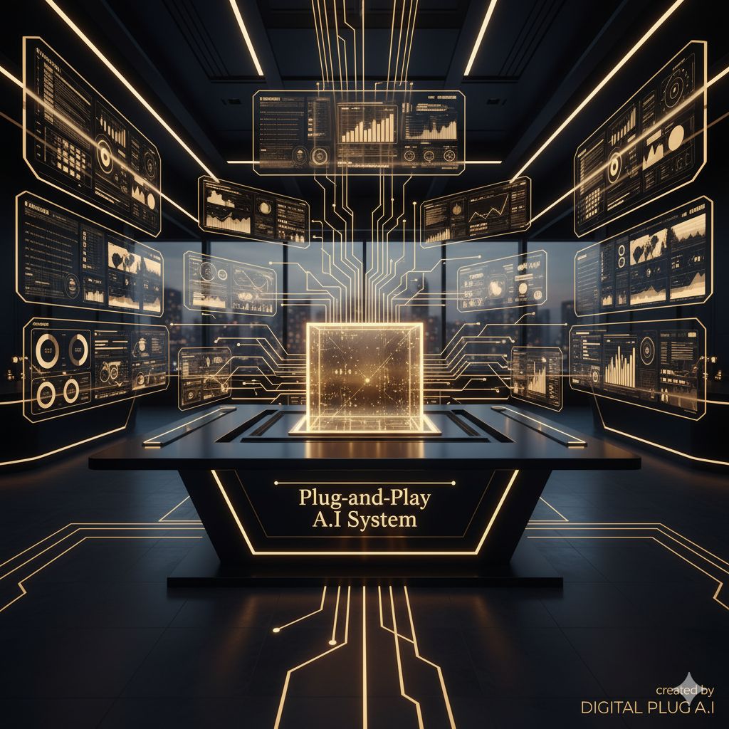 Plug-and-Play A.I. System by Digital Plug A.I. shown as a glowing gold cube powering futuristic data screens.